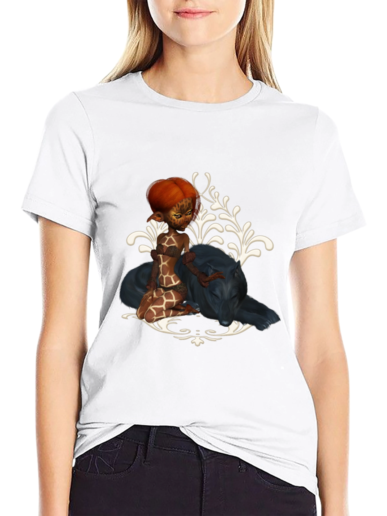 Fantasy Black T-Shirt with Giraffe Fairy & Panther Design
