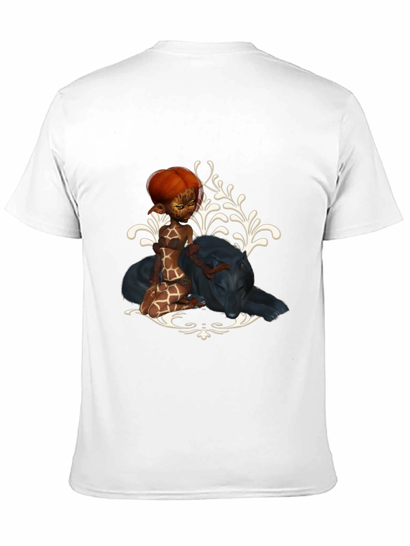 Fantasy Black T-Shirt with Giraffe Fairy & Panther Design