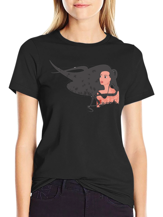 Graphic Print Black T-Shirt - Woman with Flowing Hair