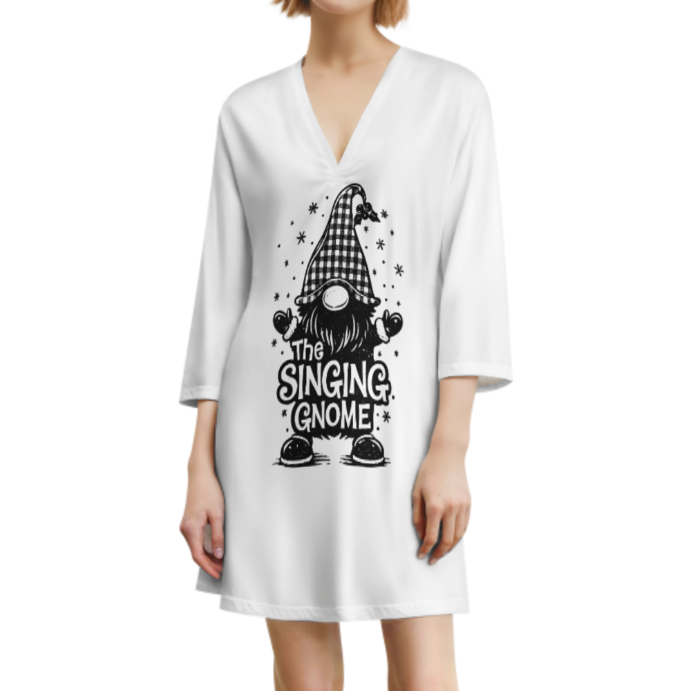 The Singing Gnome Christmas Graphic Dress, Cozy Holiday Lounge Mini Dress, Cute Winter Gnome Oversized Sleep Shirt for Women(z571)