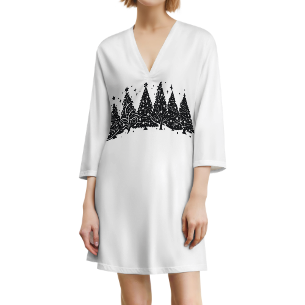 Minimalist Christmas Tree Graphic Dress, Winter Holiday Oversized Shirt Dress, Cozy Festive Casual Fashion Outfit(z579)
