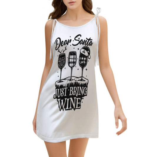 Dear Santa Just Bring Wine Christmas Night Dress, Funny Holiday Wine Lover Lounge Dress, Minimal Black Graphic Sleep Dress, Cozy Festive Gift for Women(z586)