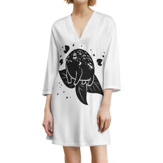 Cute Grumpy Frog Graphic Dress, Minimal Nature Inspired Oversized Shirt Dress, Whimsical Cottagecore Casual Fashion Outfit(z578)