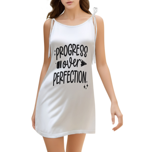 Progress Over Perfection Inspirational Graphic Mini Dress, Motivational Quote Sleeveless Casual Dress, Positive Mindset Streetwear Outfit(z583)