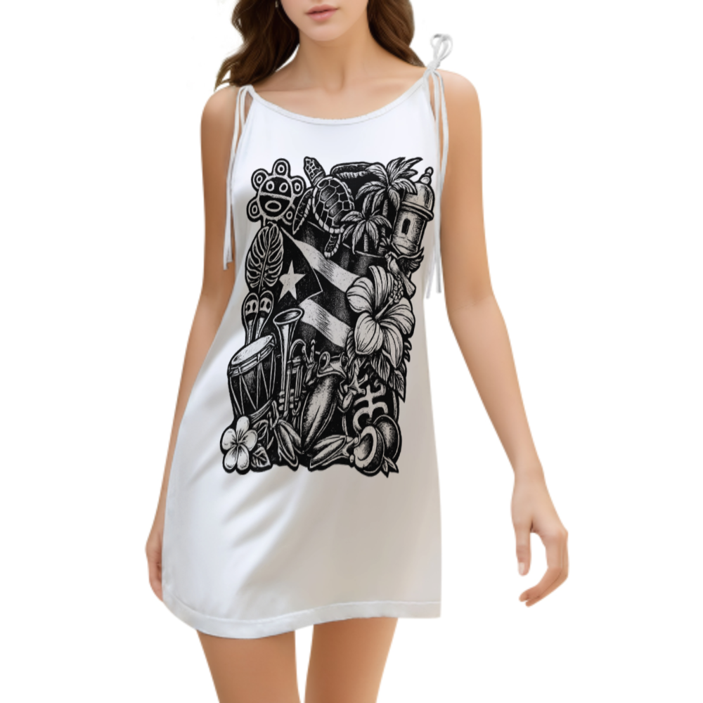Puerto Rico Culture Graphic Mini Dress, Tropical Island Inspired Sleeveless Dress, Caribbean Streetwear Vacation Outfit(z584)