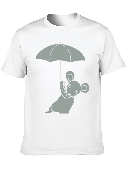Whimsical Mouse & Umbrella Graphic T-Shirt - Black