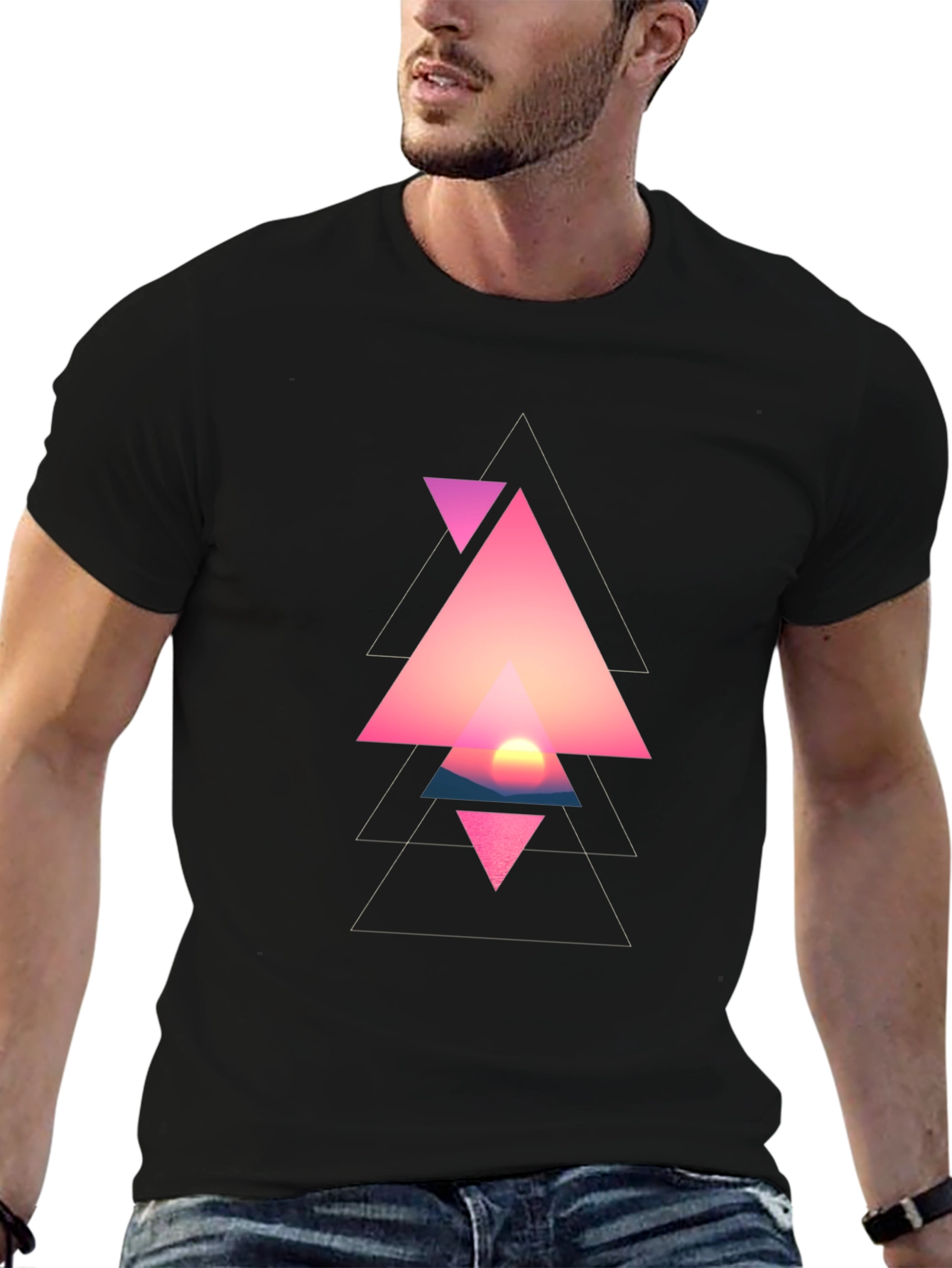 Geometric Sunset Triangle Graphic Black T-Shirt