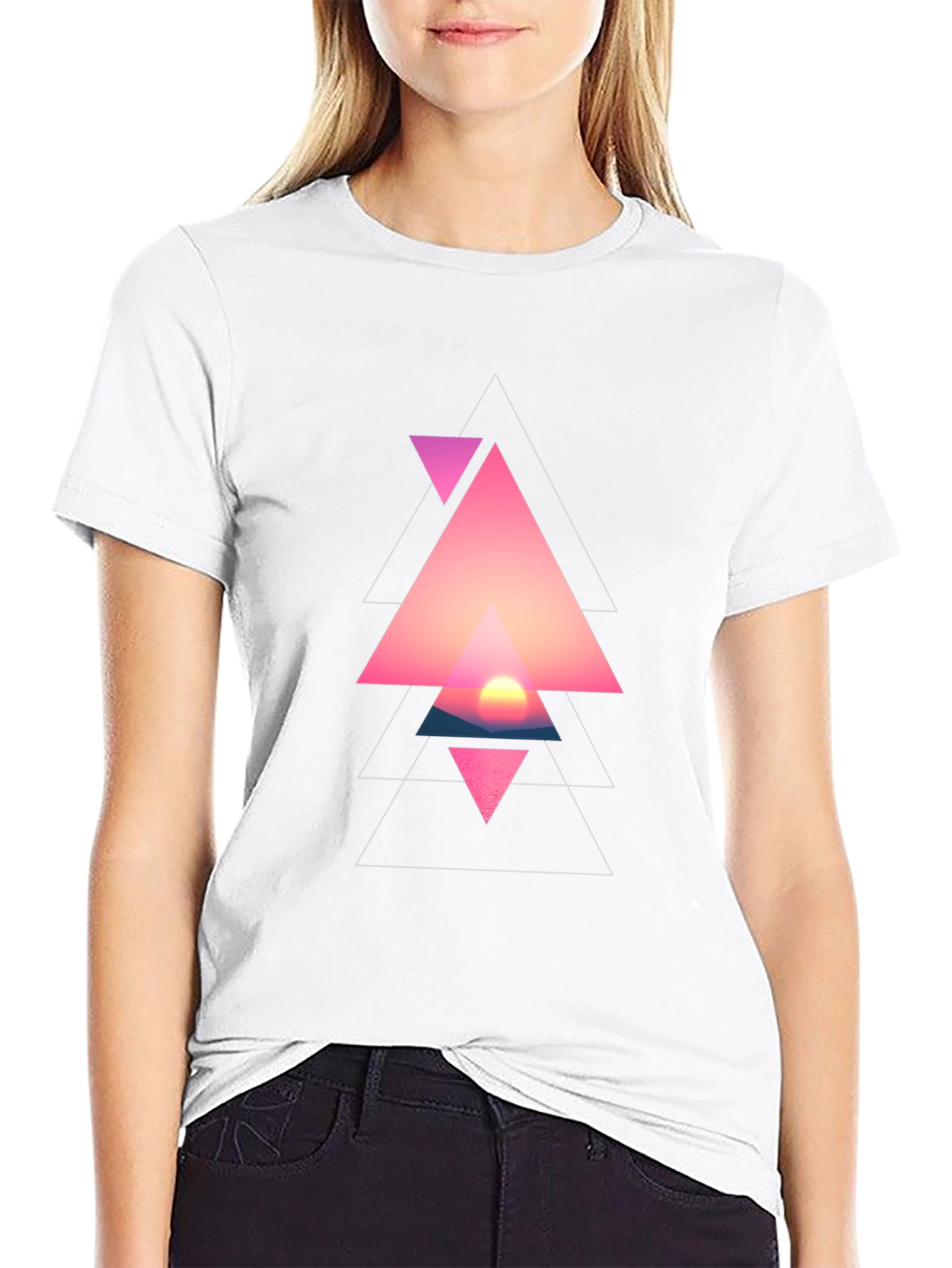 Geometric Sunset Triangle Graphic Black T-Shirt