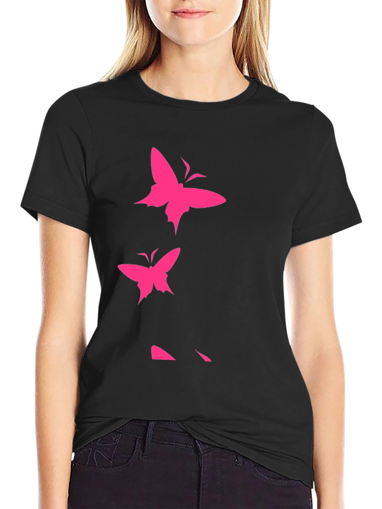 Pink Butterfly Graphic Black T-Shirt