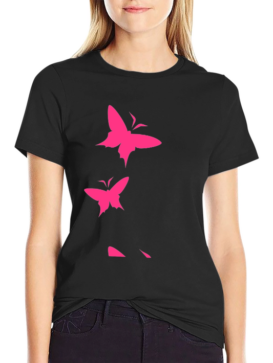 Pink Butterfly Graphic Black T-Shirt
