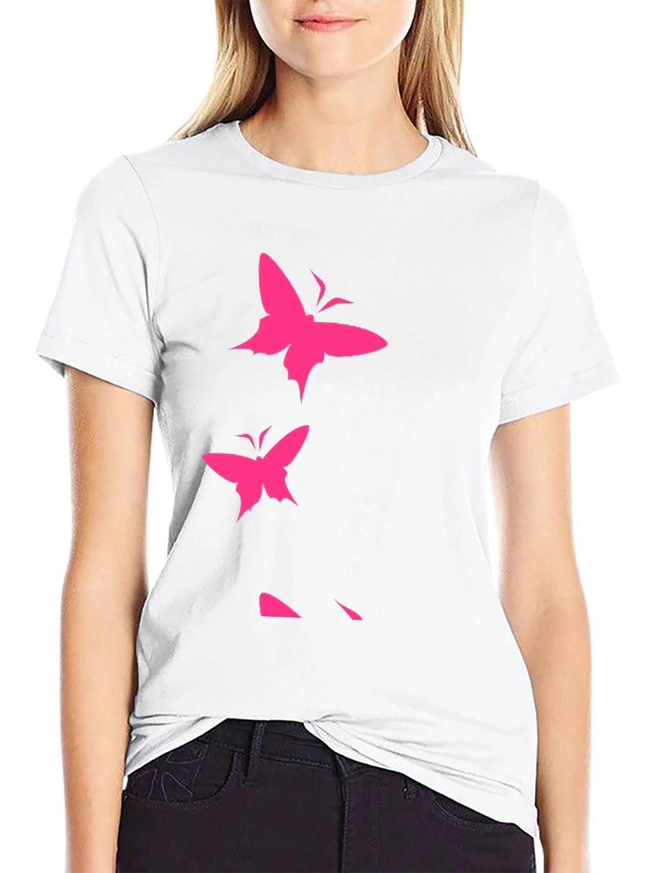 Pink Butterfly Graphic Black T-Shirt
