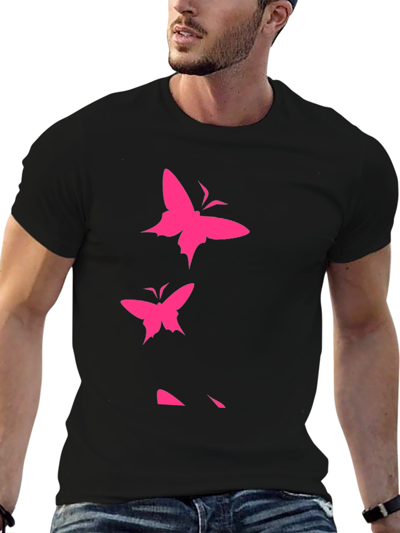 Pink Butterfly Graphic Black T-Shirt