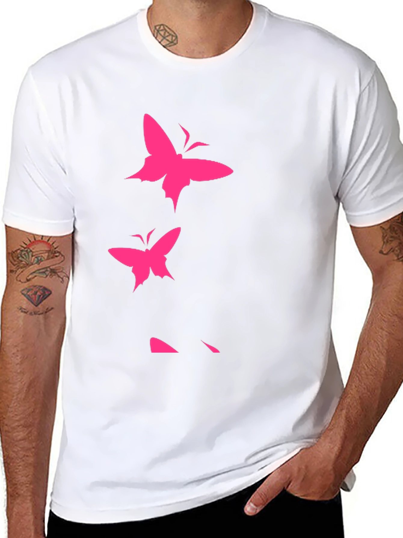 Pink Butterfly Graphic Black T-Shirt