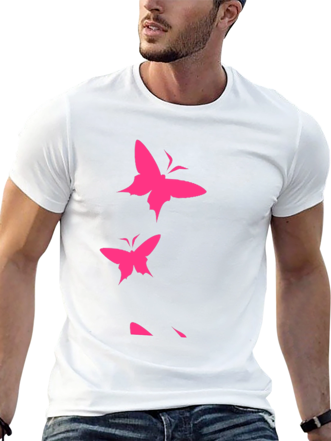 Pink Butterfly Graphic Black T-Shirt