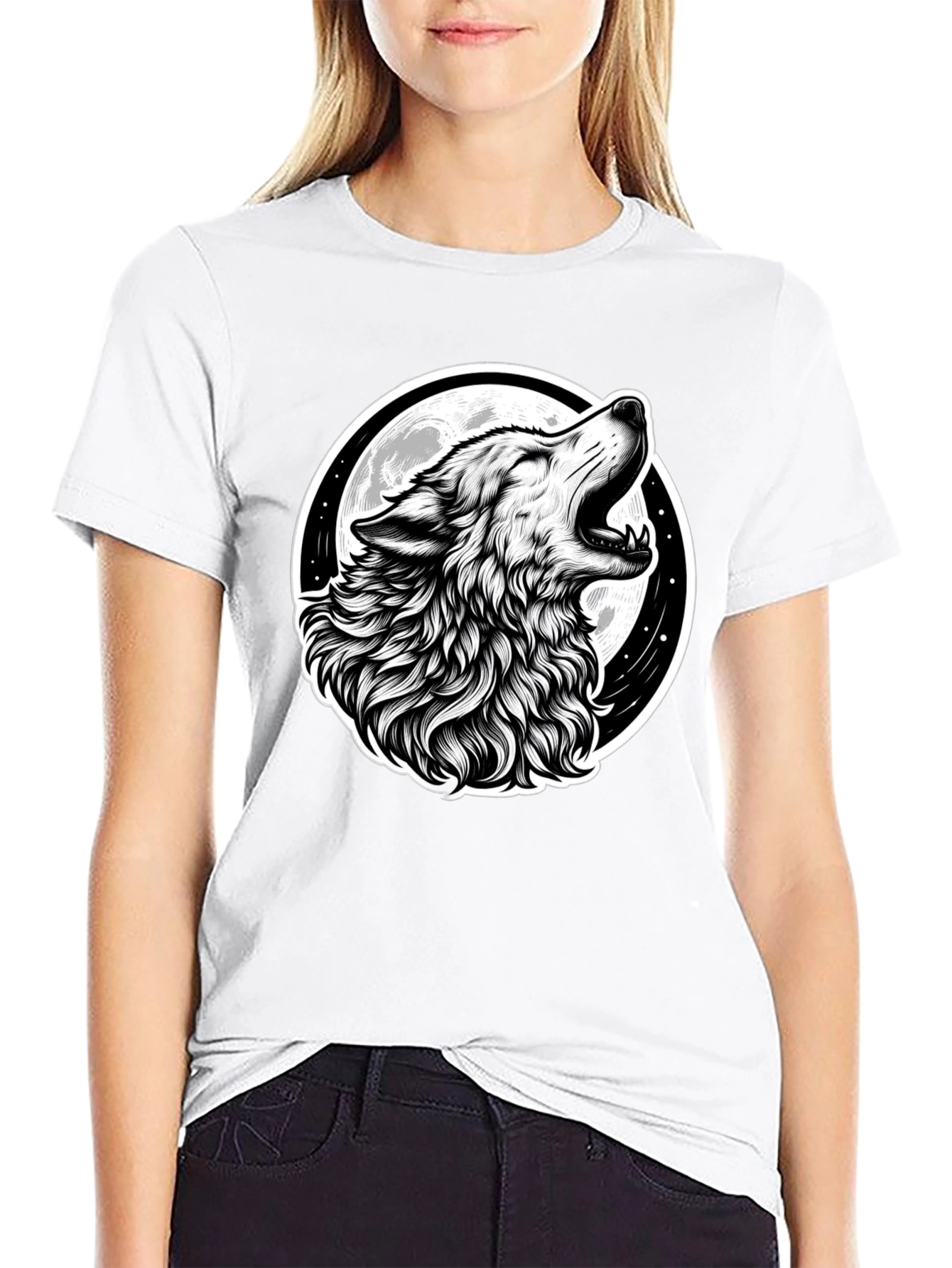 Wolf Howling at Moon Graphic Black T-Shirt