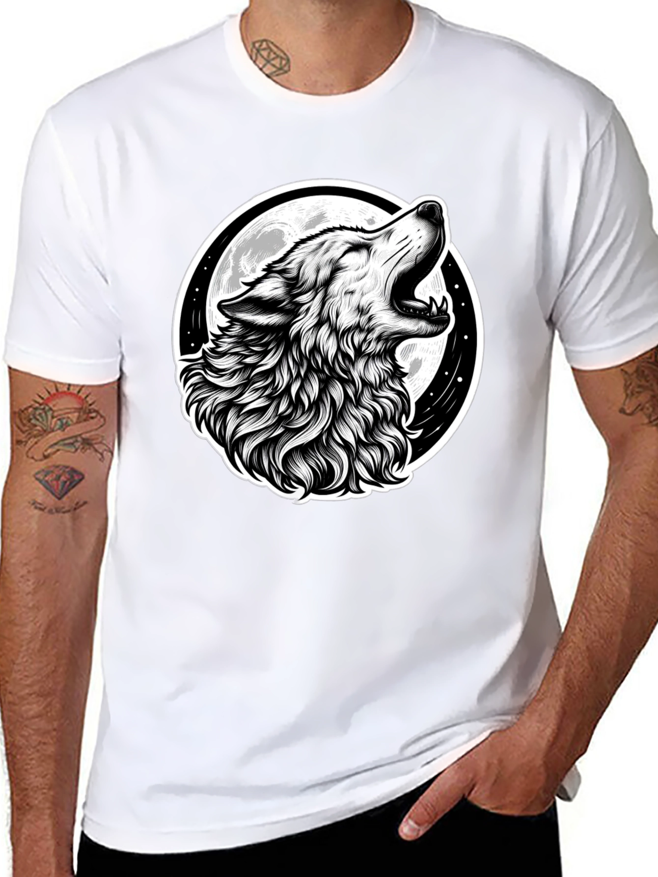 Wolf Howling at Moon Graphic Black T-Shirt
