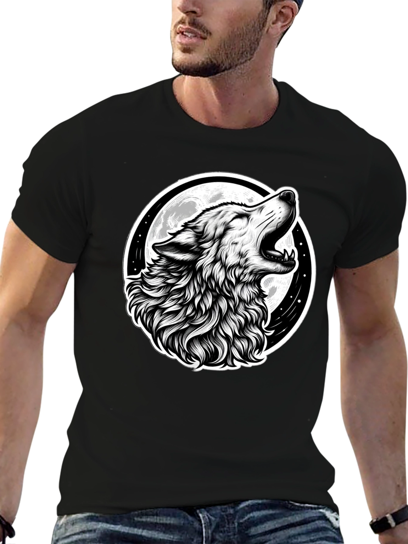 Wolf Howling at Moon Graphic Black T-Shirt