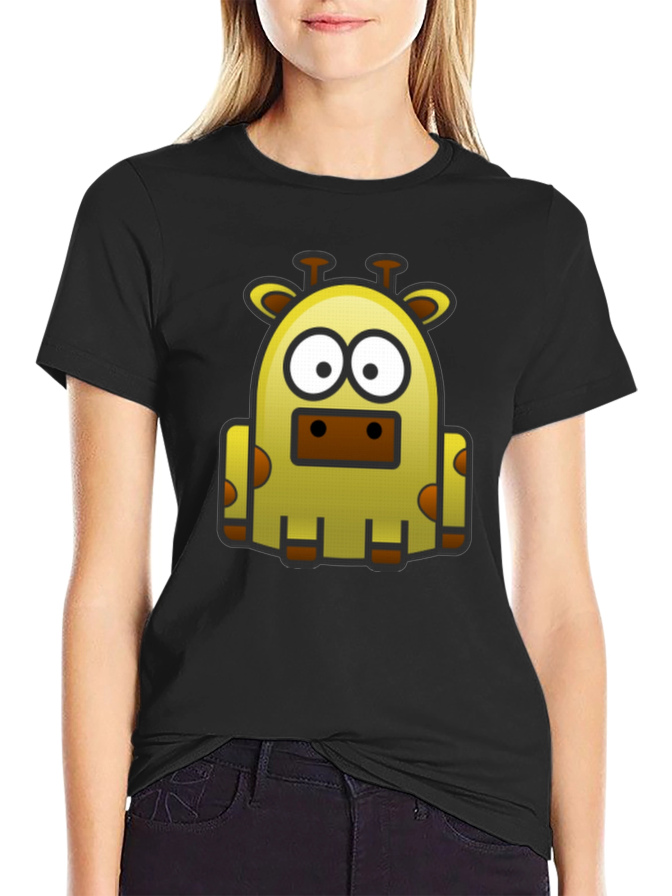 Cartoon Giraffe Graphic Tee - Black