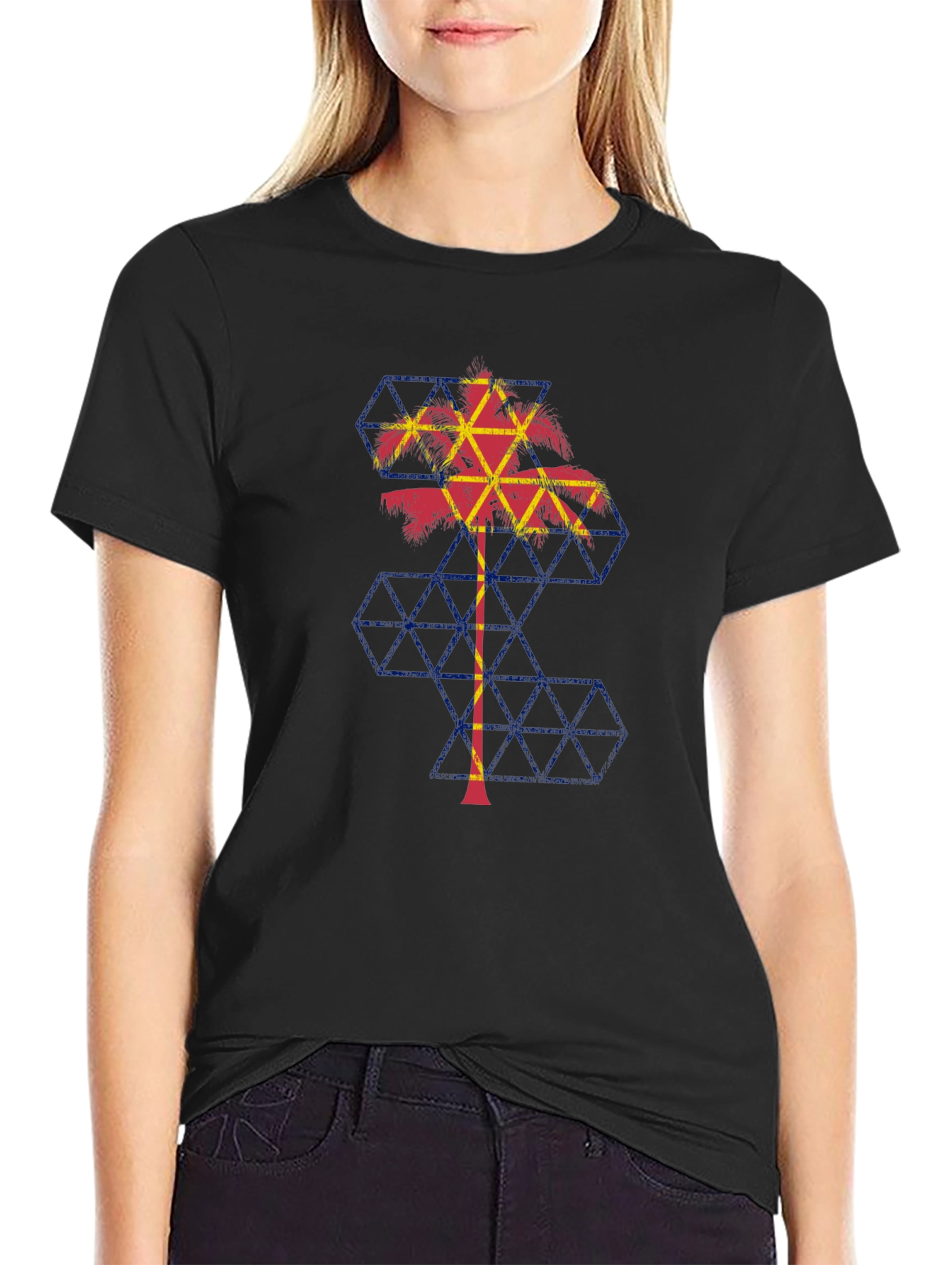 Geometric Palm Tree Graphic Tee - Black