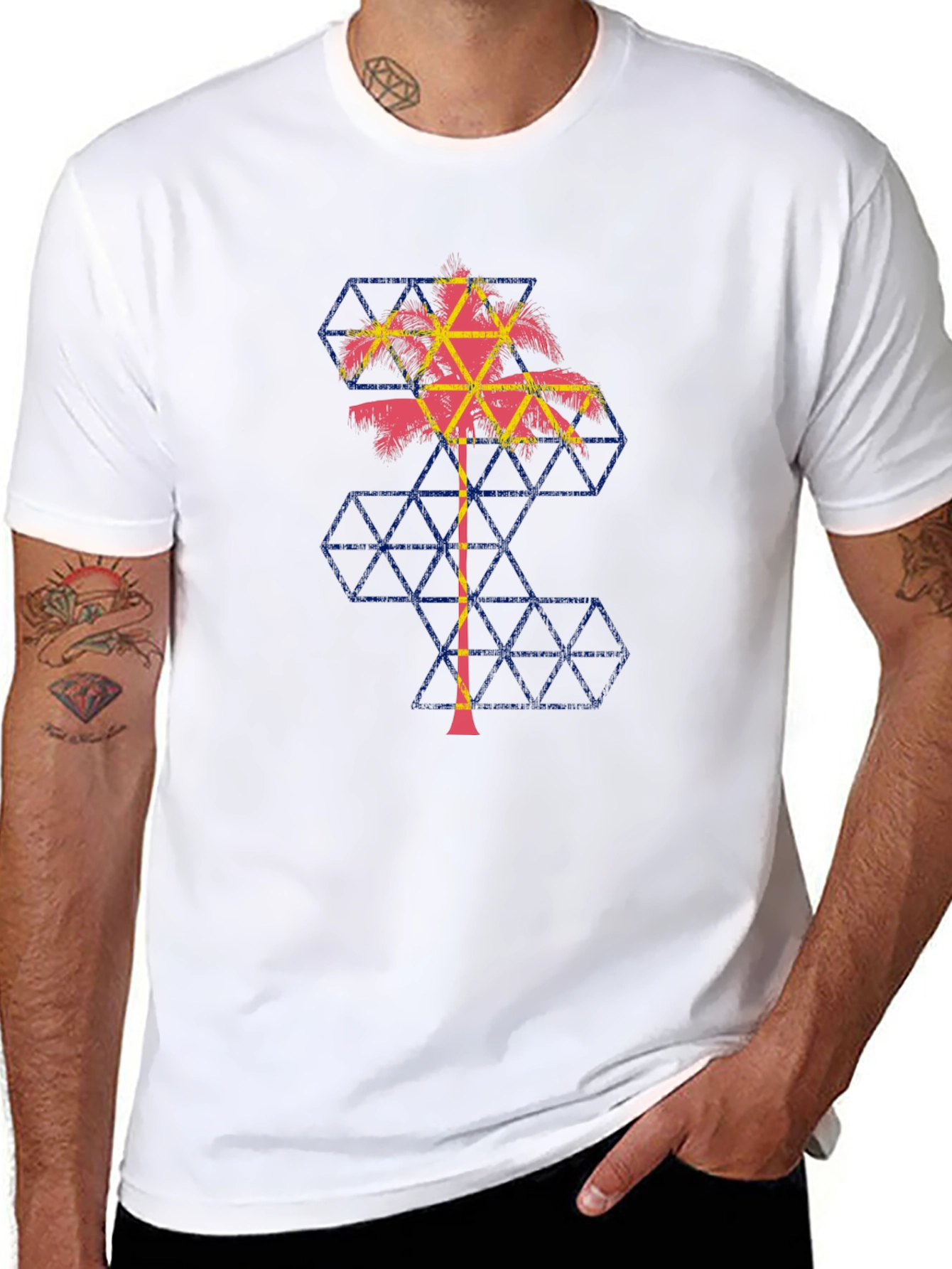 Geometric Palm Tree Graphic Tee - Black