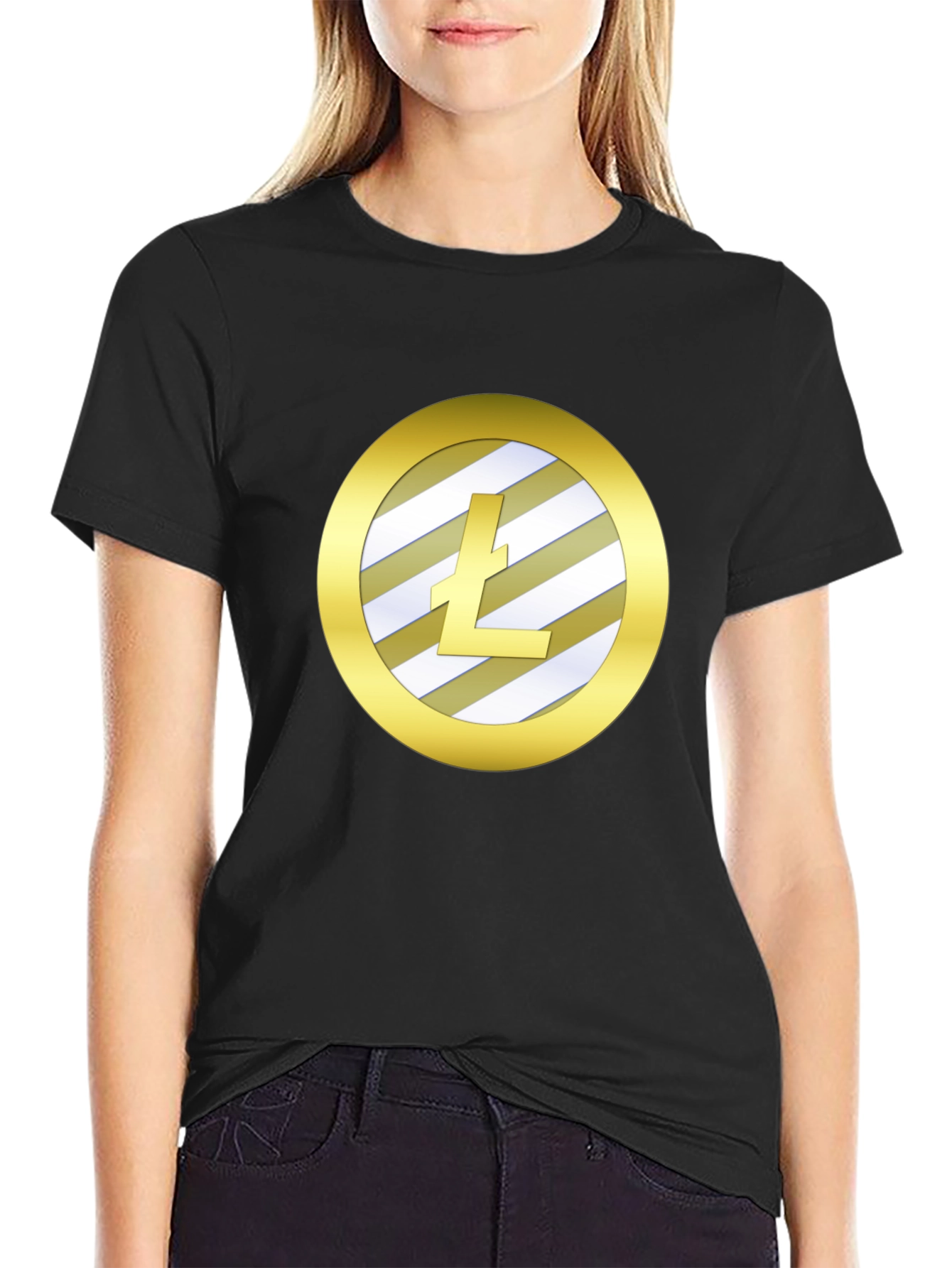 Litecoin Crypto Gold Round Graphic Black T-Shirt