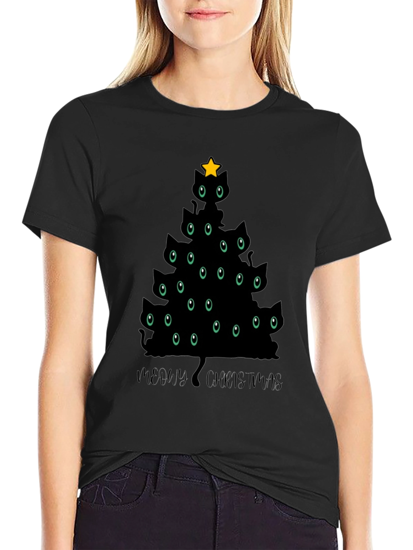 Meowy Christmas Cat Tree Black T-Shirt