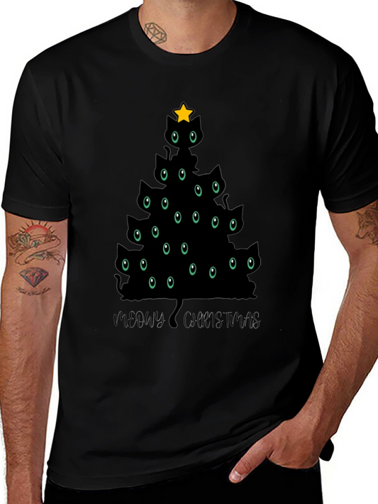 Meowy Christmas Cat Tree Black T-Shirt