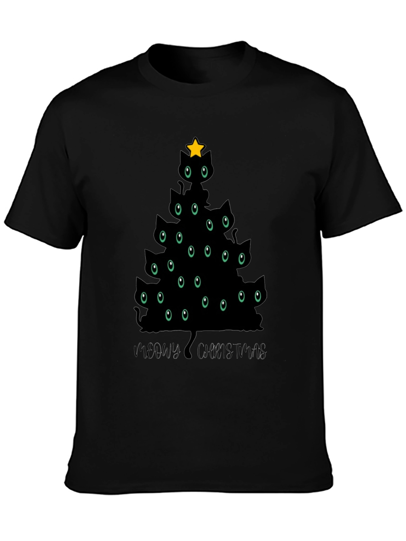 Meowy Christmas Cat Tree Black T-Shirt
