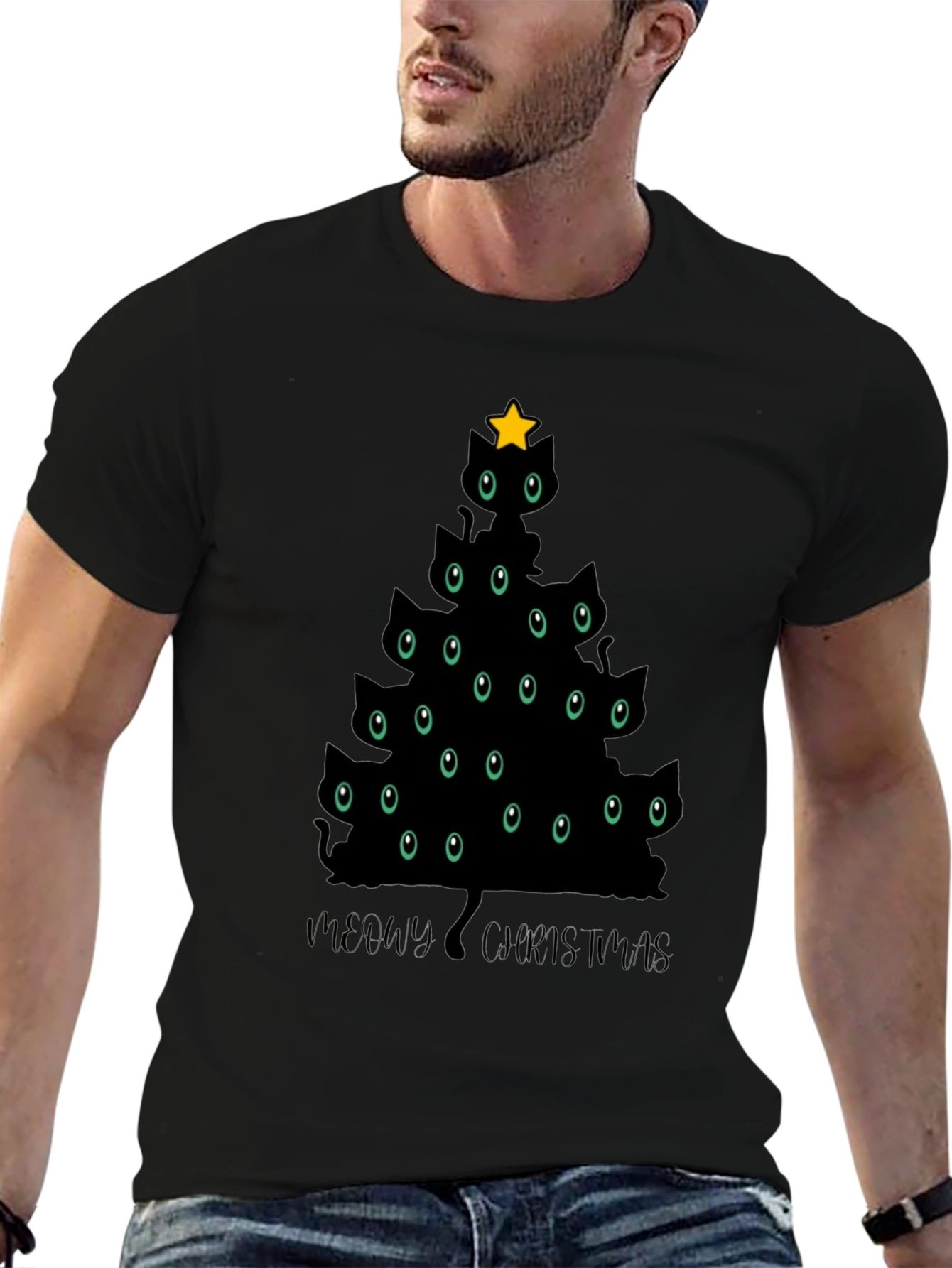 Meowy Christmas Cat Tree Black T-Shirt