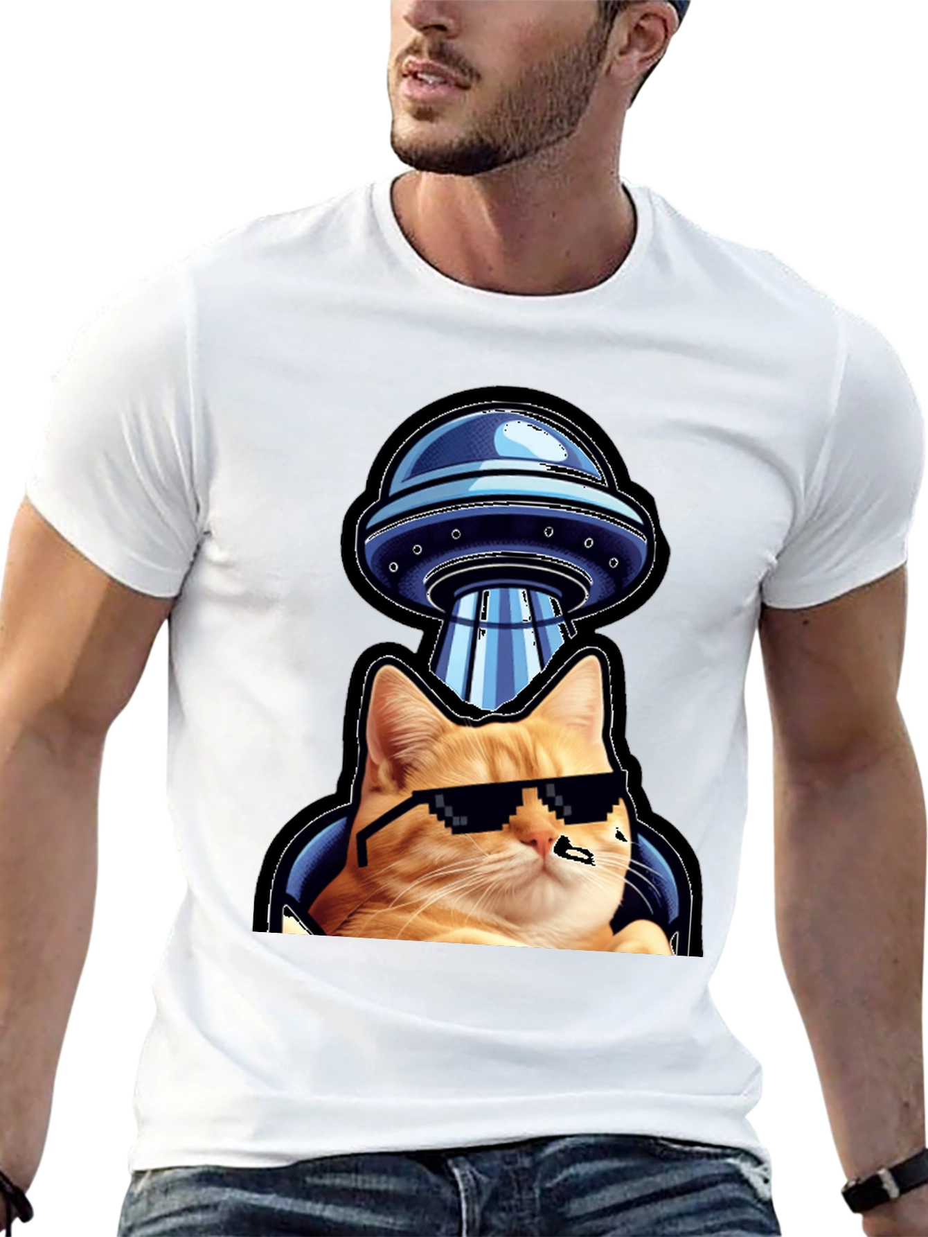 Cool Cat UFO Abduction Black T-Shirt