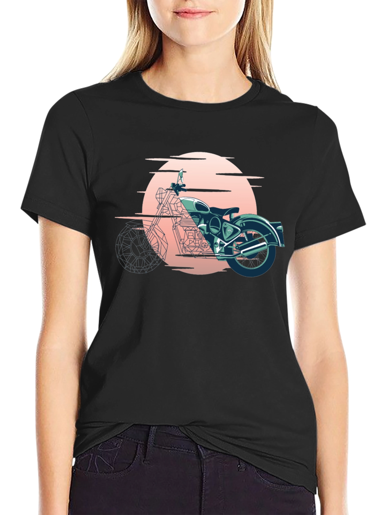 Retro Motorcycle Graphic Tee - Black Cotton T-Shirt