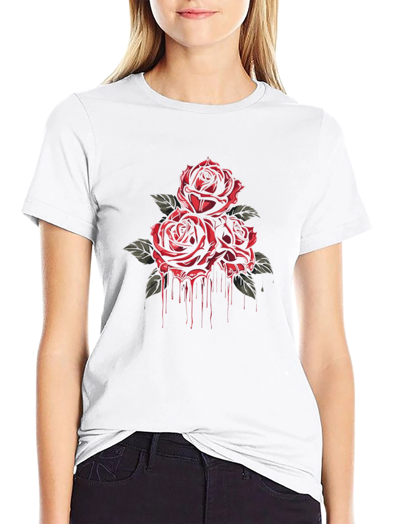 Crimson Rose Drip Graphic Tee - Black