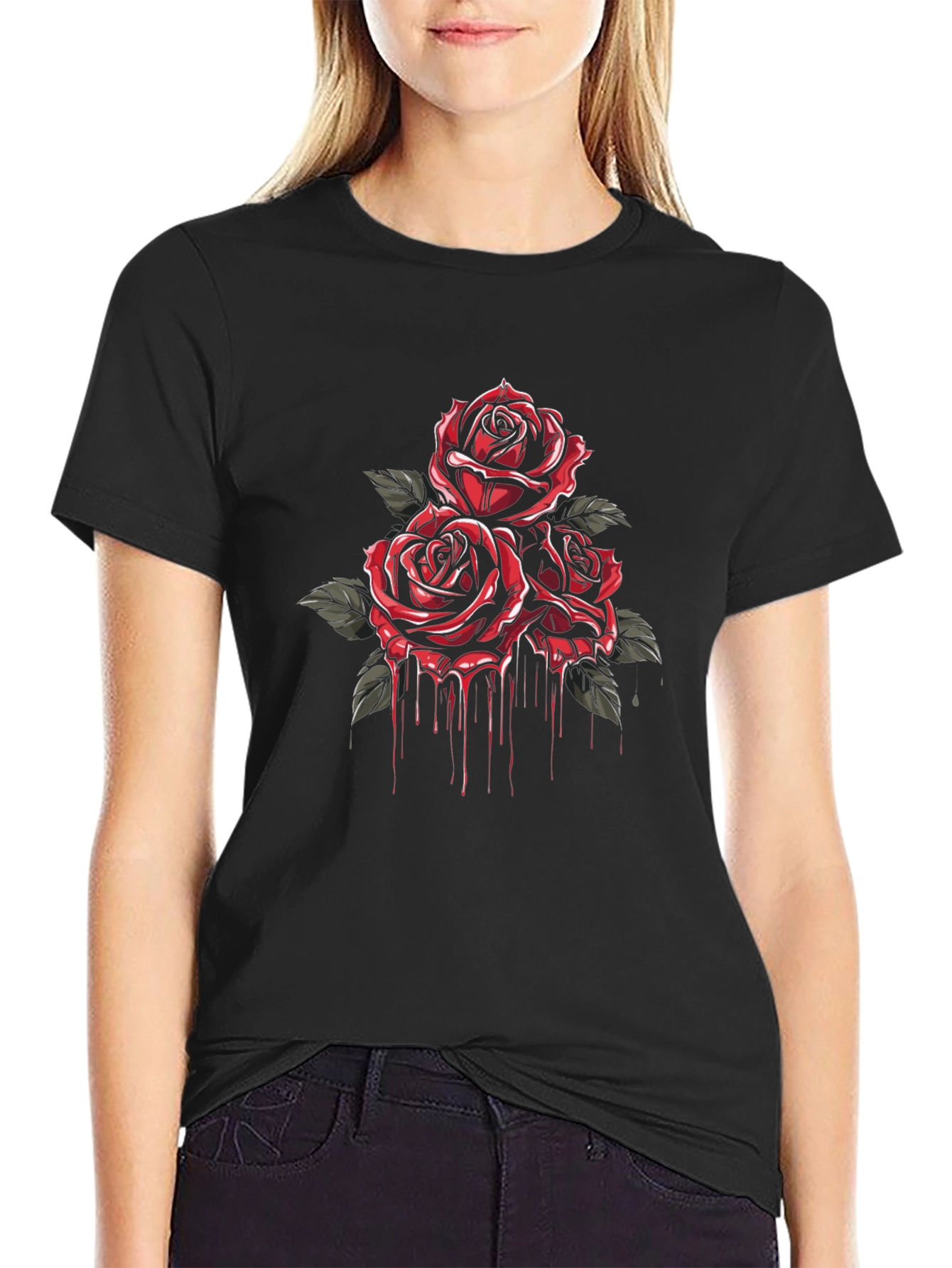 Crimson Rose Drip Graphic Tee - Black