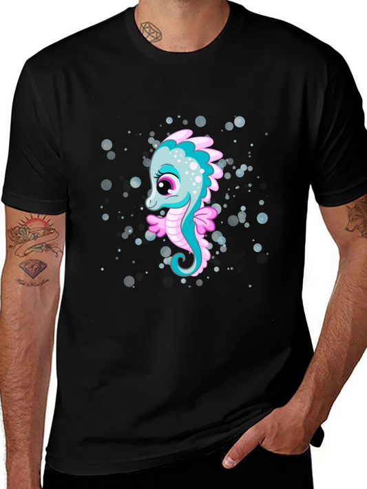 Cute Seahorse Graphic Tee - Black Cotton Casual T-Shirt