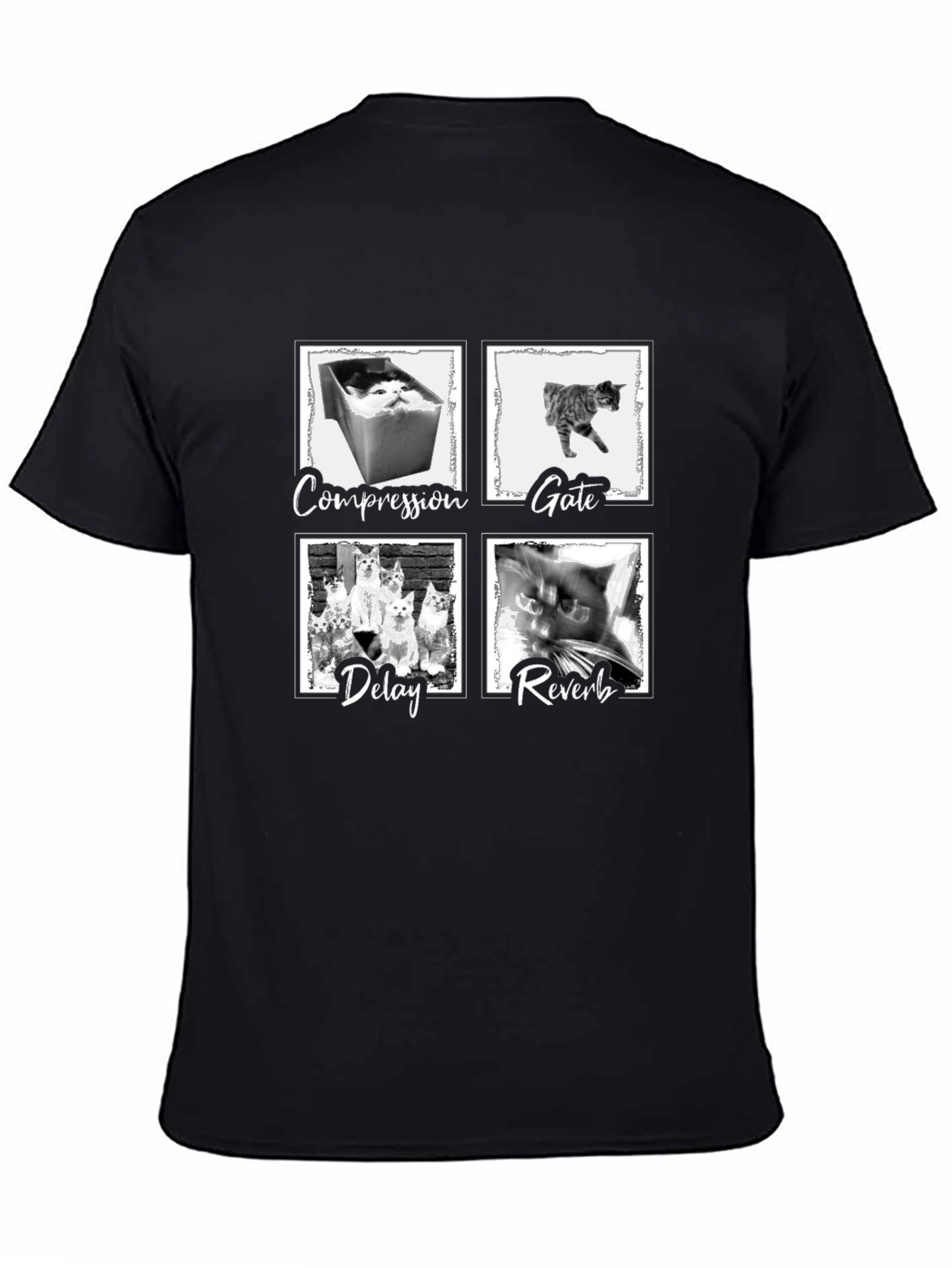 Compression Gate Delay Reverb Cat Black T-Shirt