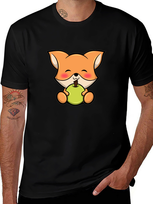 Cute Fox Eating Apple Black T-Shirt
