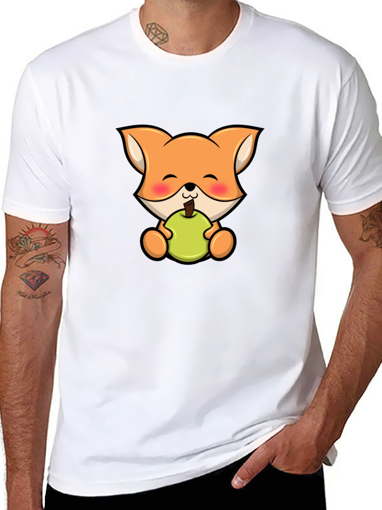 Cute Fox Eating Apple Black T-Shirt