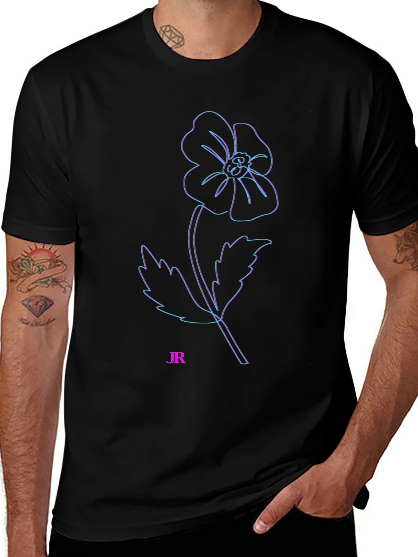 Modern Flower Outline Black T-Shirt