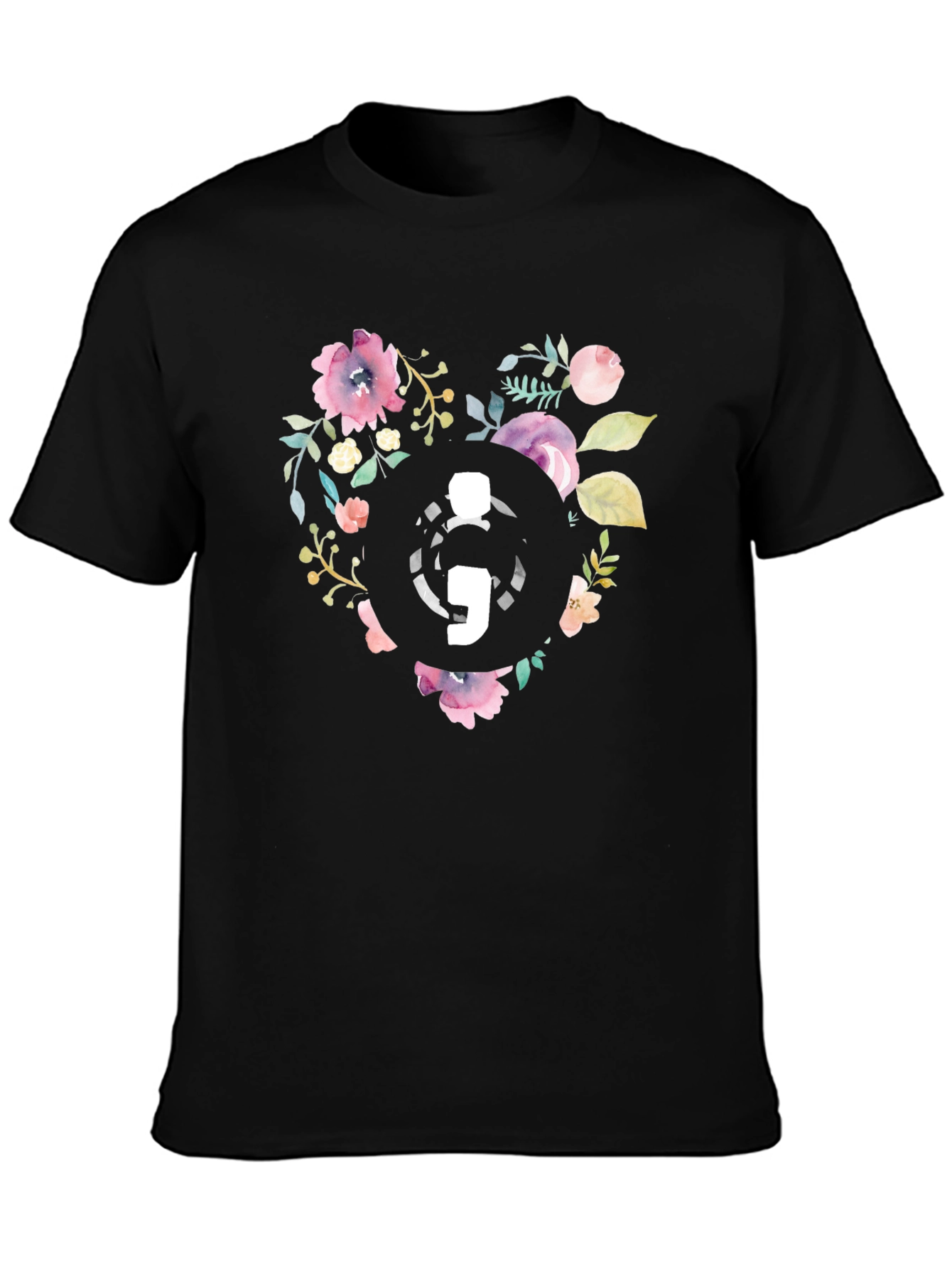 Floral Semicolon Heart Graphic Tee - Black
