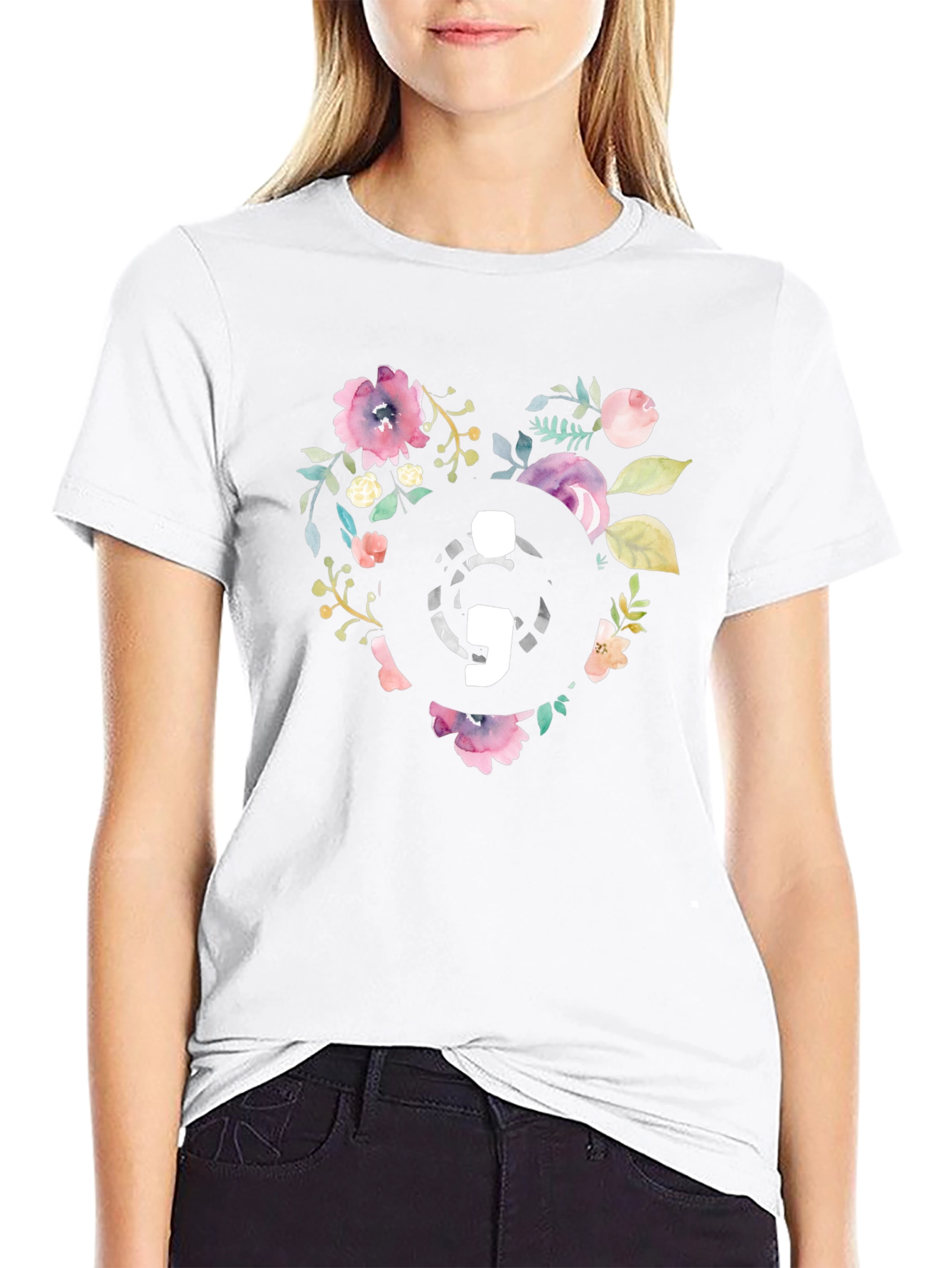 Floral Semicolon Heart Graphic Tee - Black
