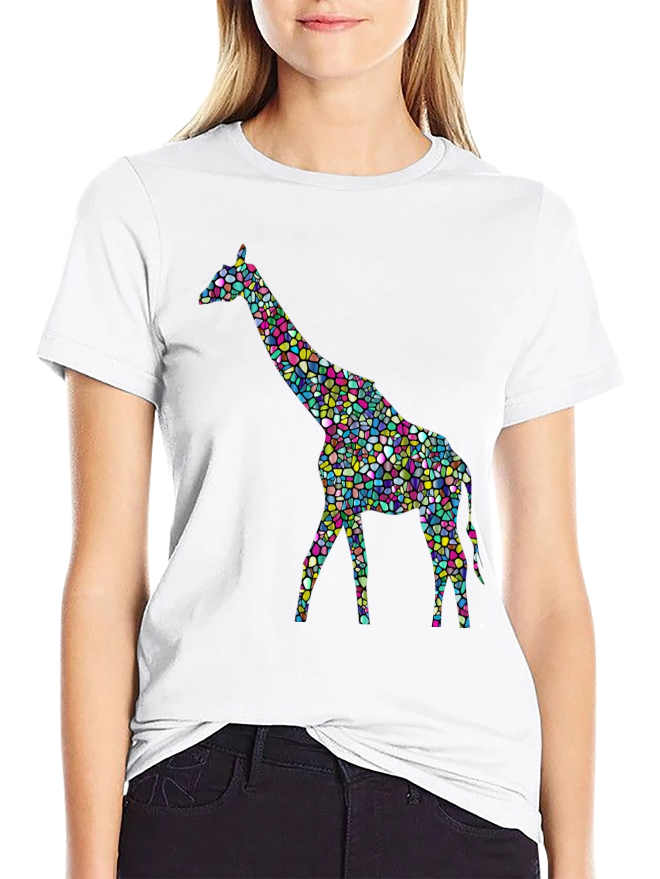 Mosaic Giraffe Graphic Tee - Stylish Black T-Shirt