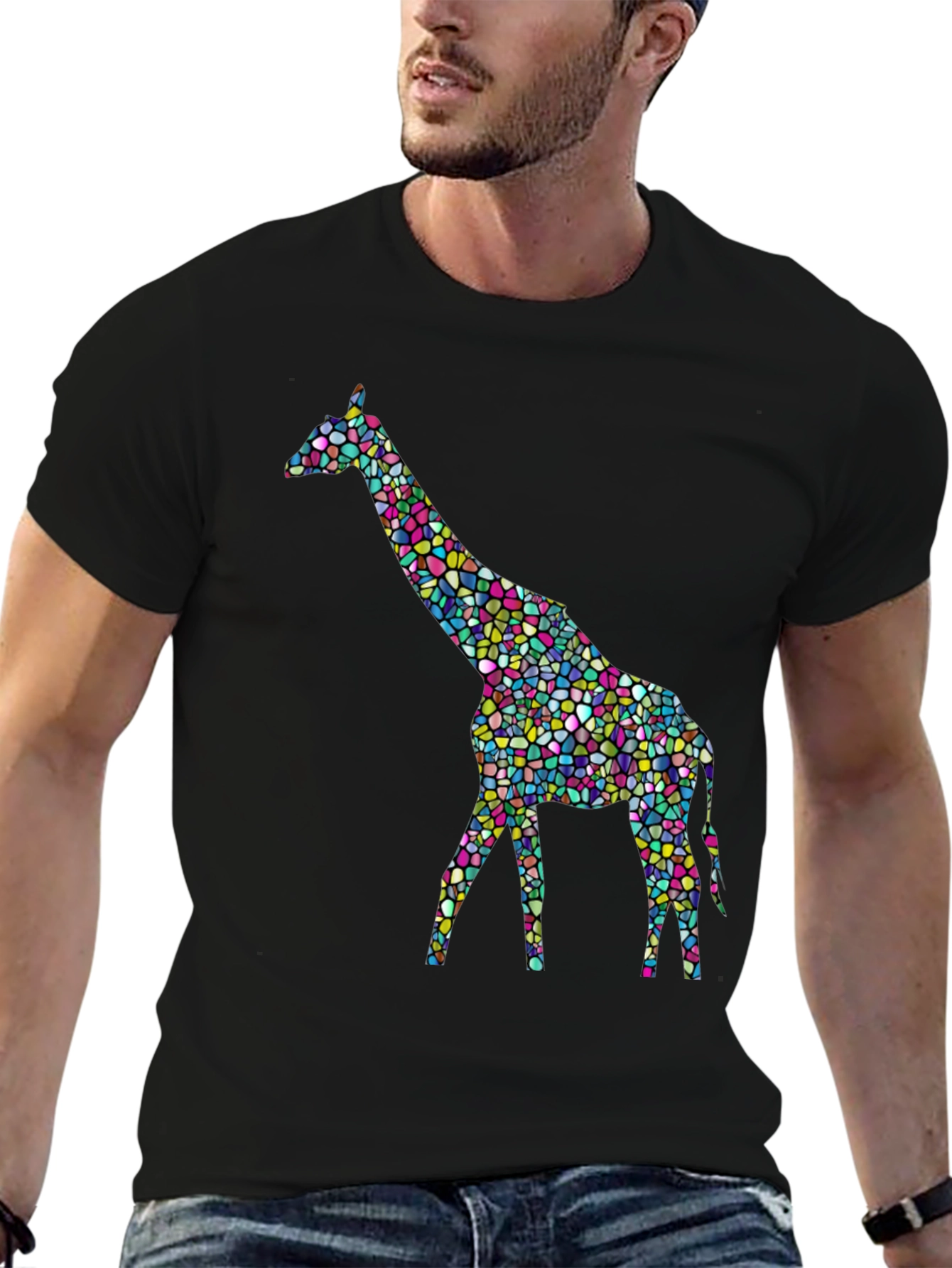 Mosaic Giraffe Graphic Tee - Stylish Black T-Shirt