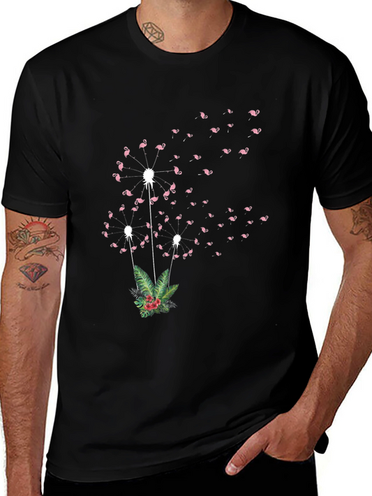 Flamingo Dandelion Print Black T-Shirt