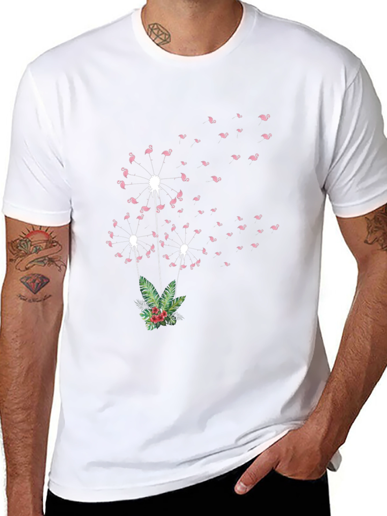 Flamingo Dandelion Print Black T-Shirt