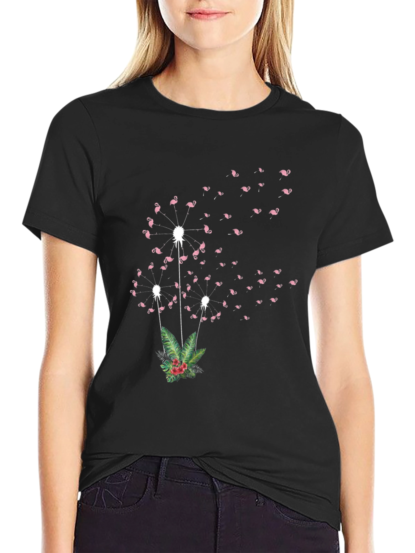 Flamingo Dandelion Print Black T-Shirt