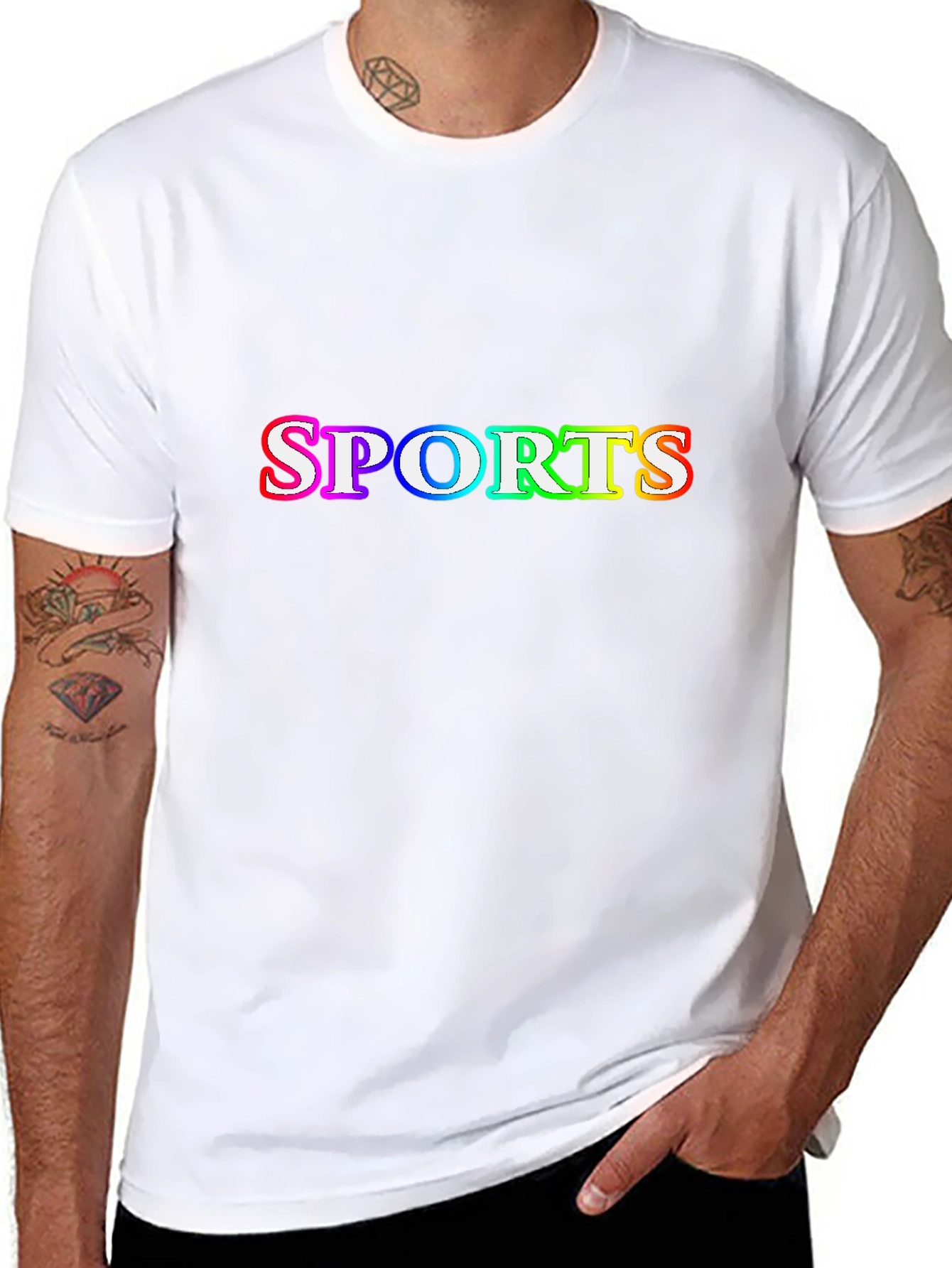 Mens Black T-Shirt with SPORTS Rainbow Graphic