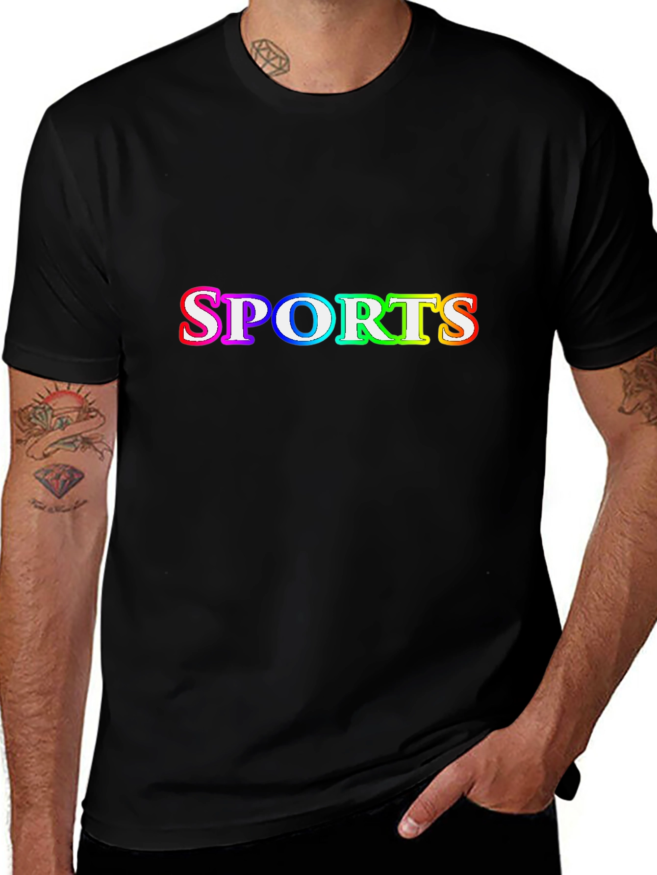 Mens Black T-Shirt with SPORTS Rainbow Graphic
