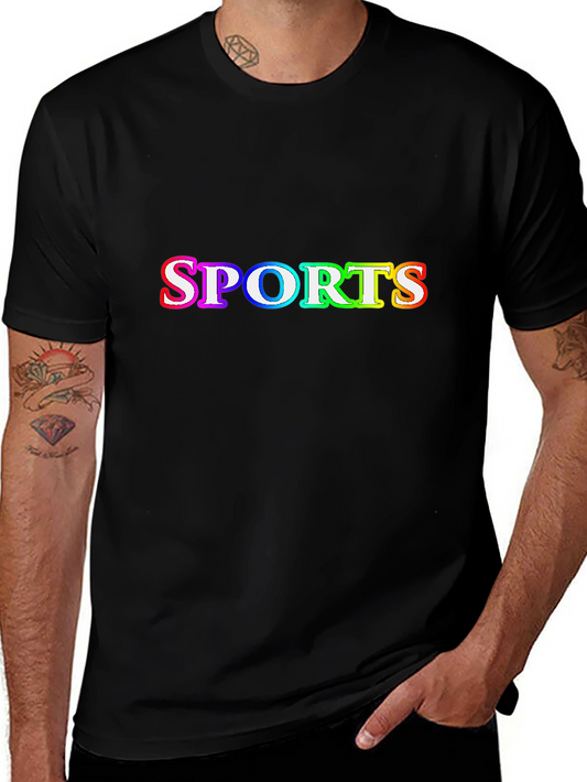 Mens Black T-Shirt with SPORTS Rainbow Graphic