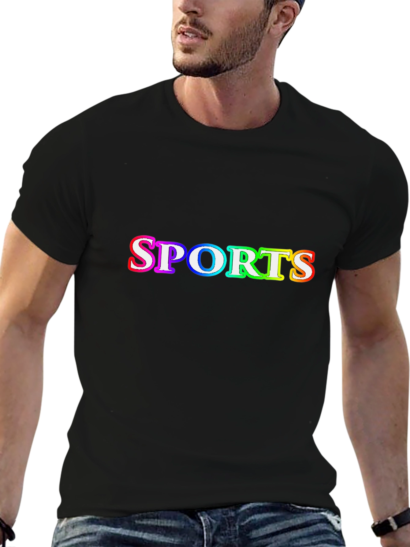 Mens Black T-Shirt with SPORTS Rainbow Graphic
