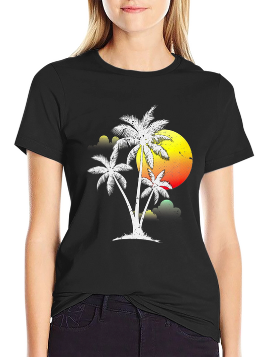 Tropical Palm Tree Sunset Graphic Tee - Black Cotton Shirt